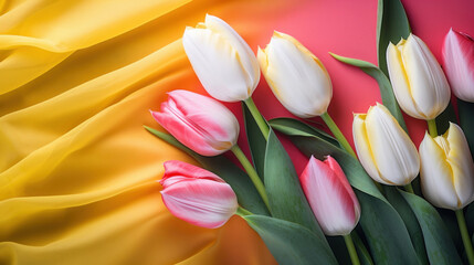 A striking arrangement of pink and white tulips lying on a contrasting yellow and red background, perfect for vibrant spring themes.