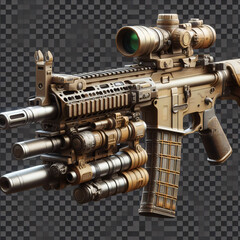 Realistic model of an automatic rifle with various add-ons and ammunition. The automatic rifle has a dark beige colour and complex construction. The background is transparent,Generative AI