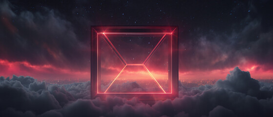 3D render, abstract futuristic background with neon cube in center, clouds,, dark fantasy background
