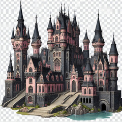 Obraz premium castle in the city,The castle has many towers of varying heights, each adorned with spires and exquisite architectural details. It is made of dark stone with rose-red accents,Generative AI
