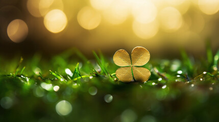 A solitary golden four-leaf clover shines amidst vibrant green grass, symbolizing luck and fortune with a magical glow. - obrazy, fototapety, plakaty