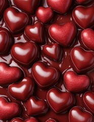 background of red hearts covered with chocolate