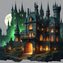 A dark, gothic castle lit by green lights. The castle has many towers and spires with exquisite detailing. The main entrance of the castle is grand, with a large arched door.Generative AI - obrazy, fototapety, plakaty