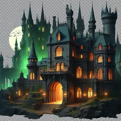 Deurstickers A dark, gothic castle lit by green lights. The castle has many towers and spires with exquisite detailing. The main entrance of the castle is grand, with a large arched door.Generative AI © Creative Catalog