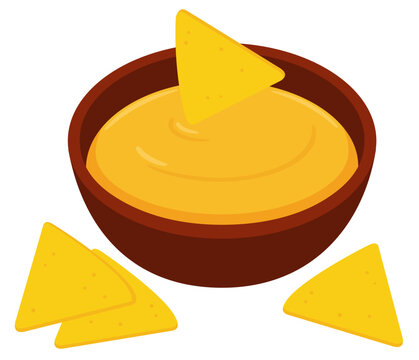 Mexican nacho corn chips with cheese dipping sauce, cartoon drawing. Isolated vector clip art illustration.
