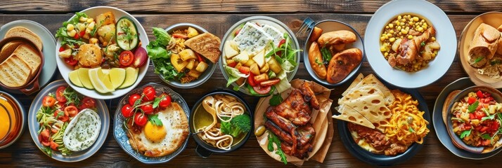 Collage of popular global dinners and appetizers - obrazy, fototapety, plakaty