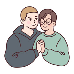 Cute young gay couple in love, two boys holding hands. Simple cartoon drawing, vector illustration.