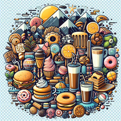 It is a digital work with a variety of food, drinks. The food includes burgers, cakes, ice cream and candy. Drinks are represented by coffee or beer in different glasses. Generative AI