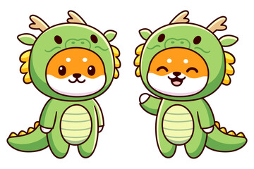Kawaii Shiba Inu dog character in green dragon costume. Chinese New Year animal. Cute cartoon vector clip art illustration.