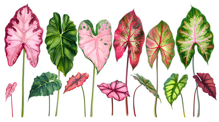 Set of colorful Caladium bicolor plants leaves on transparent background PNG