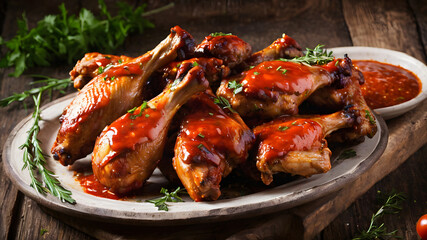 Grilled chicken legs with sauce and herbs on rustic wooden background