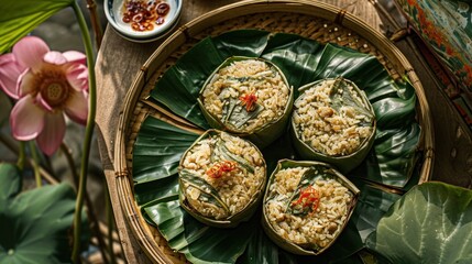 Lotus seed fried rice wrapped in lotus leaves, Vietnamese food