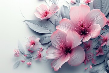 3D Illustration of beautiful pink grey flowers on white background 