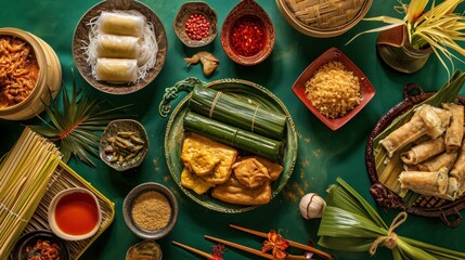 Traditional Vietnamese Pork and Plantain Leaf Sticky Rice - obrazy, fototapety, plakaty