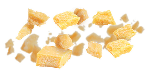 Tasty parmesan cheese falling on white background