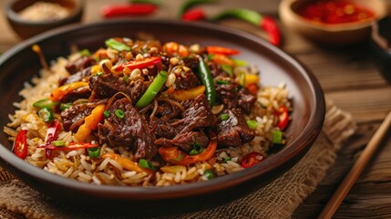 Fototapeta premium Vietnamese food, Asian food, beef and vegetable rice