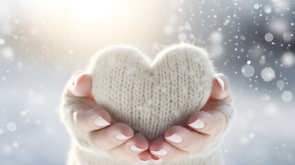 woman enjoy the snow holding red heart in her hands, generative ai
