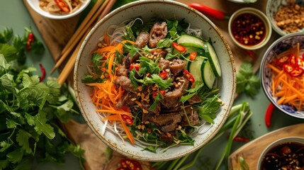 Vietnamese pork sausage salad with vegetables Garnish with vegetables and cucumbers.