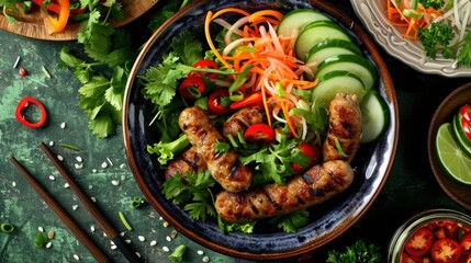 Vietnamese pork sausage salad with vegetables Garnish with vegetables and cucumbers.