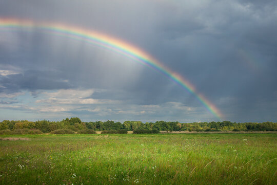 A beautiful rainbow in the sky over a green meadow and forest, Czulczyce, eastern Poland
