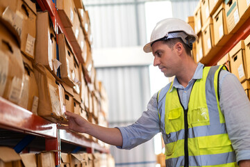 Portrait engineer man shipping order detail check goods and supplies on shelves with goods...