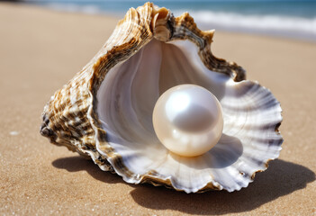 Oyster shell with pearl inside on a sandy beach. Generative AI