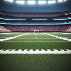 Fototapeta premium American football arena with yellow goal post, grass field and blurry fans on the court. Concept of active sport, football, championship, match, play space