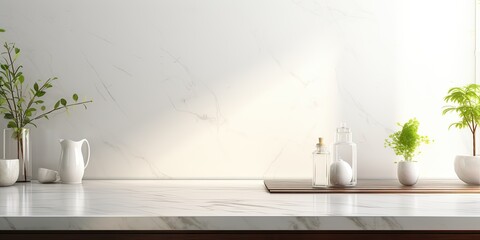 White marble kitchen tabletop with copy space, blurred modern white kitchen background. , .