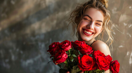 Joyful Young Lady Holding Stunning Roses