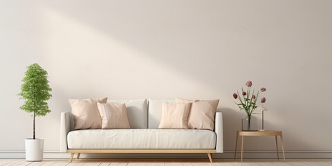Minimalist living room interior with beige sofa, white wall, and sufficient copy space.