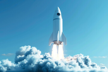 Elegant White Rocket Soaring from a Low Perspective