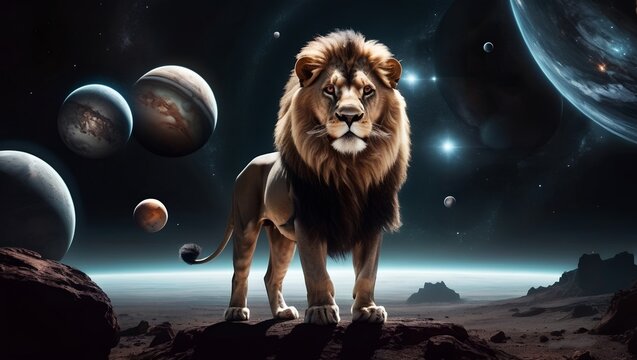 A Lion Surrounded By Planets 