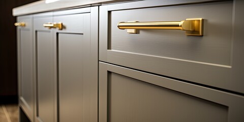 Close-up photo of shaker kitchen cupboard doors with gold handles.