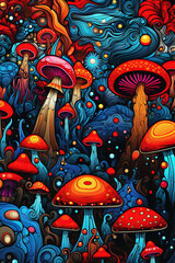 Psychedelic mushroom illustration in groovy art style