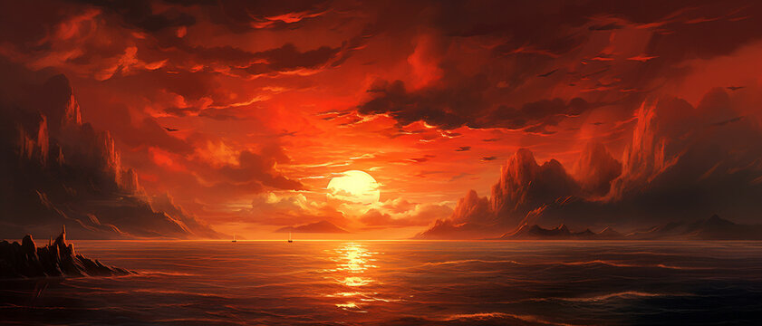 Depict a sunset during a heat wave, exaggerating the warm tones and giving the impression that the sky itself is ablaze with the intensity of the sun's rays
