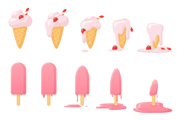 Melting ice cream set of animation sequence. Melting stages collection of strawberry sundae in waffle cone and pink popsicle from whole to melted glossy sweet puddle cartoon vector illustration