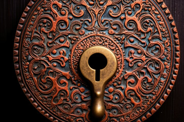 Door old closeup key security wooden hole vintage antique keyhole lock metallic wood - obrazy, fototapety, plakaty