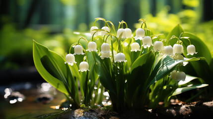 Fototapeta premium Close-up photo of lily of the valley in the forest with sunlight. Generative AI