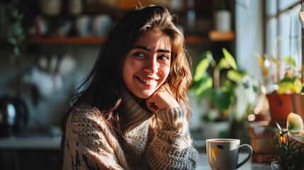 Beautiful young woman smiles while drinking coffee
