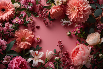 Frame made of beautiful flowers with empty space on a pink background 