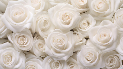 Beautiful white roses as background top view space for text, generative ai