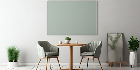 Cozy dining room with mock-up poster frame, round table, gray chair, dried flowers, green shelf, gray tiled floor, and personal decor template.