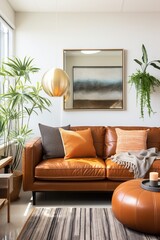brown leather sofa in living room with plants and artwork
