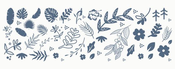 Flower collection with leaves, floral bouquets. Vector flowers. Spring art print with botanical elements. Happy Easter. Folk style.