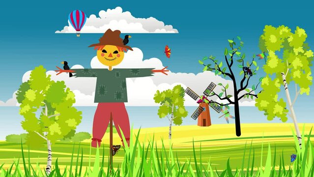 field scarecrow, mills. sun. countryside landscape, summer fiels, cartoon animation