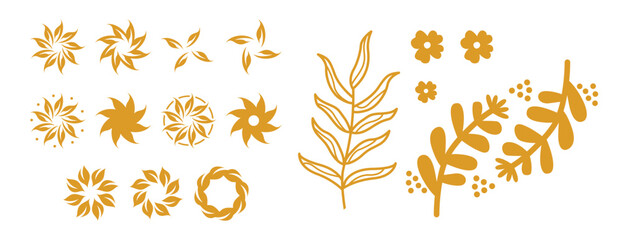 Flower collection with leaves, floral bouquets. Vector flowers. Spring art print with botanical elements. Happy Easter. Folk style.