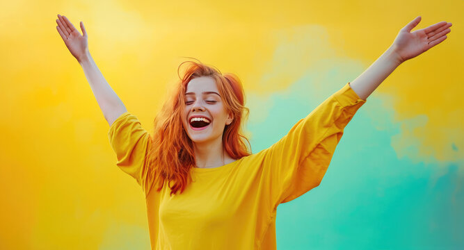 Woman with red hair and yellow shirt with arms raisedThe image portrays emphasizing her radiance, vibrancy, and extravagance.