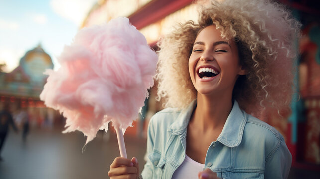 image of smiling blonde woman eating sweet cotton candy