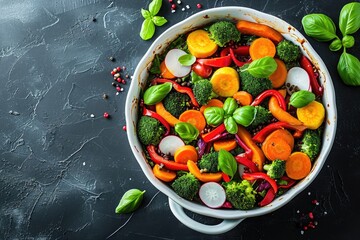 Vibrant dish filled with a variety of colorful vegetables, seen from above - obrazy, fototapety, plakaty