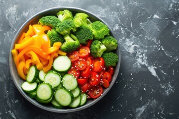 Vibrant dish filled with a variety of colorful vegetables, seen from above - obrazy, fototapety, plakaty